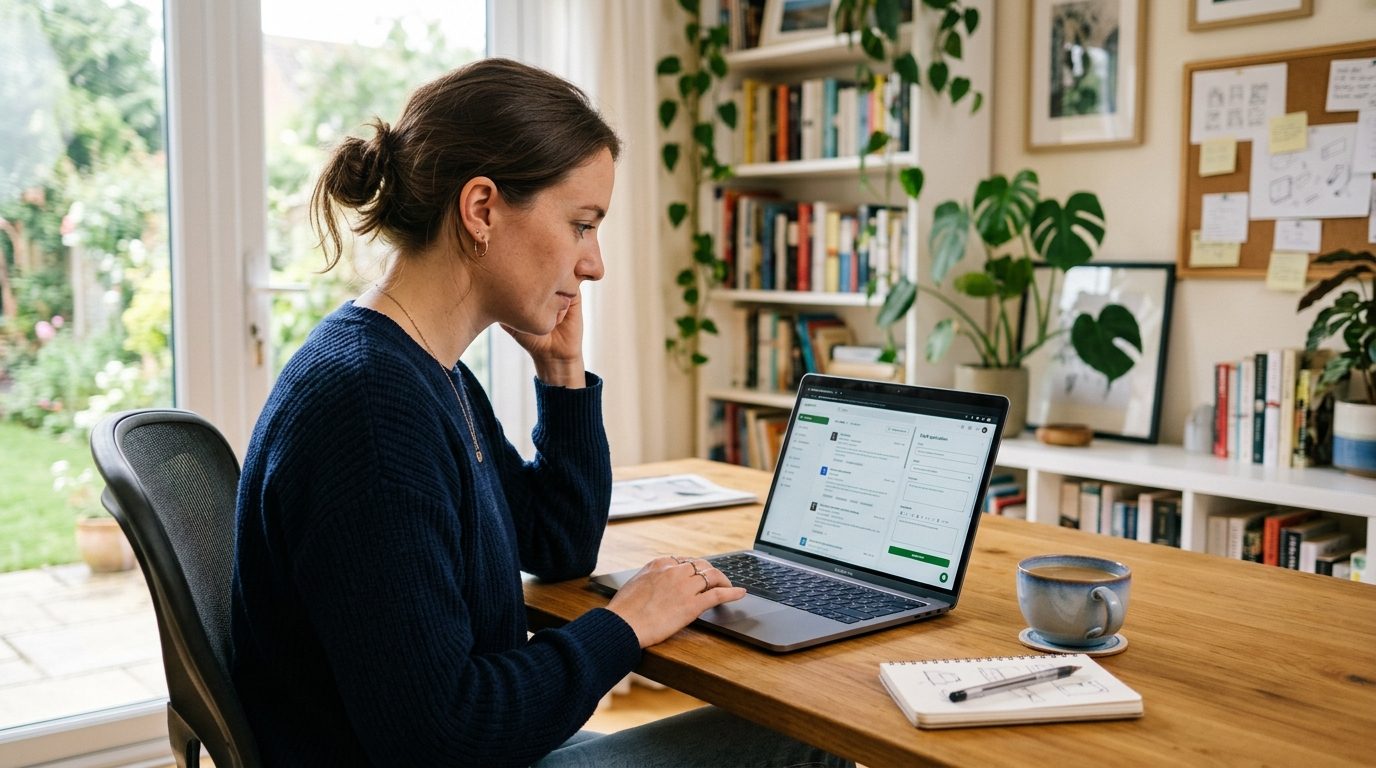 Freelancer reviewing a generated application pack on a laptop at a desk